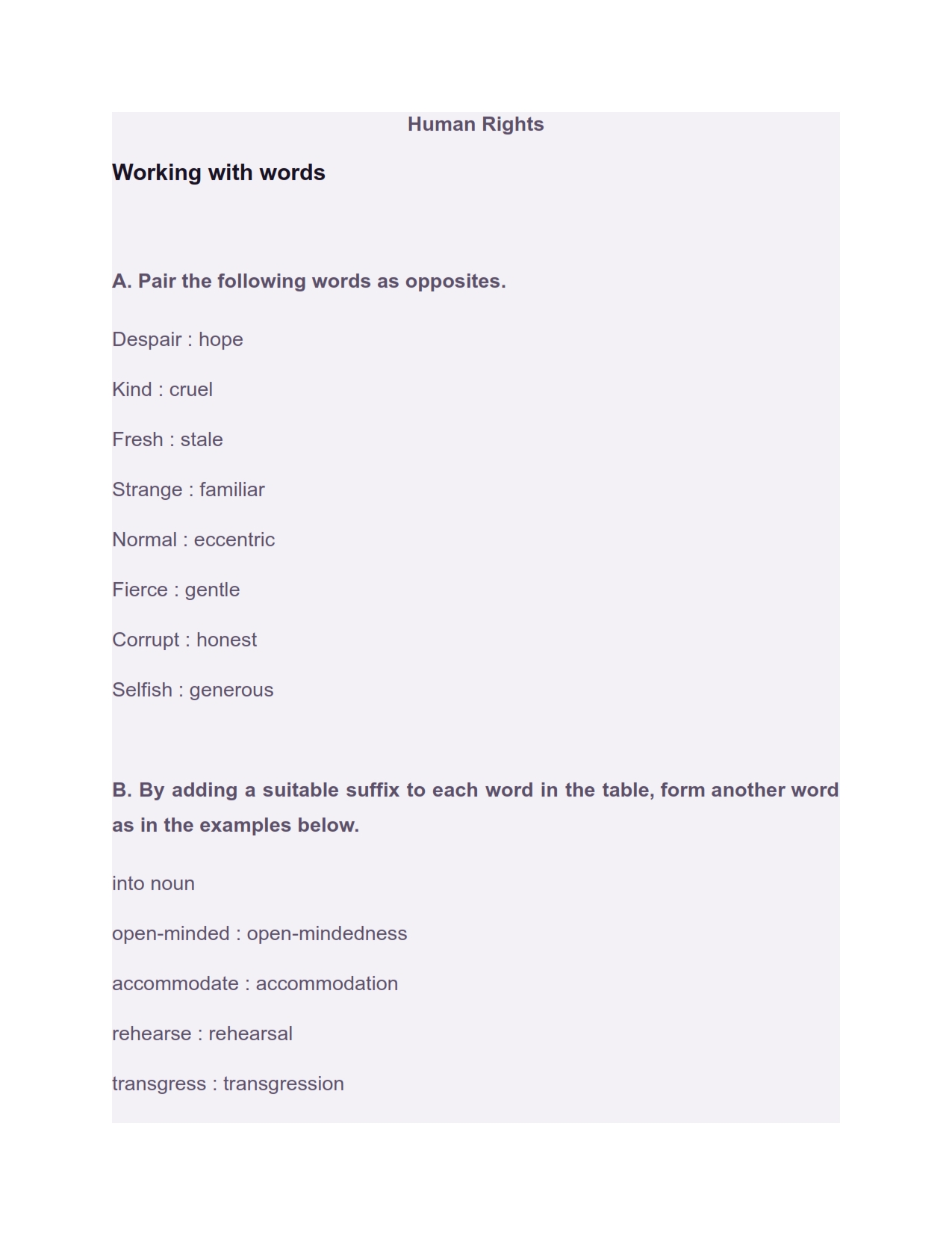 Human Rights Exercise : Question Answers and Grammar